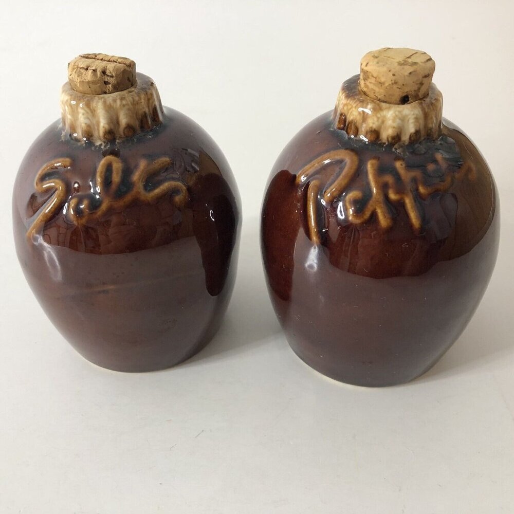 Hull Salt and Pepper Shaker Oven Proof USA Brown Cream Drip Glaze Corked Vintage